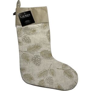 Ralph Lauren Holiday Christmas Gold Tan Pine Cones & Bough Ivory Stocking NWT